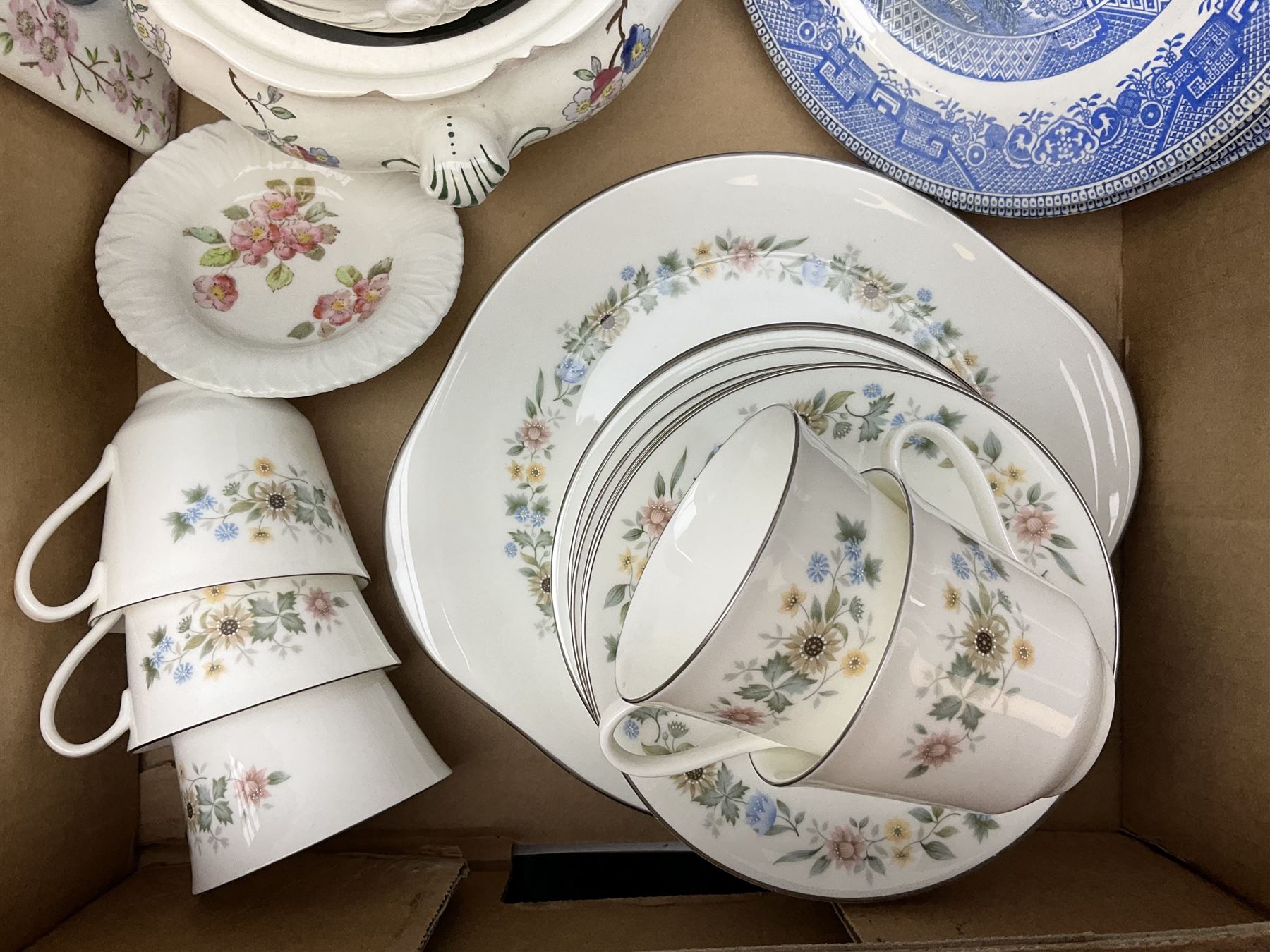 Coalport 'Tintern' pattern coffee service for six, Royal Stafford 'Rochester' teawares, Sutherland China 'Exotic' teawares, Royal Doulton 'Pastorale' cake plate, teacups and saucers etc