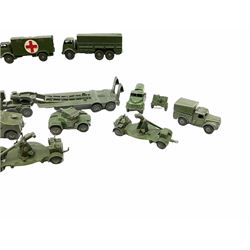 Dinky - twenty-two unboxed military vehicles comprising 152b Reconnaissance Car, 660 Thornycroft Mighty Antar Tank Transporter with 651 Centurion Tank, 621, two x 622, 623, two x 626, 641, 643, 661, two x 670, 674, 677, two x 686 and four others (22)
