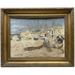 Enslin Hercules DuPlessis (South African 1894-1978): 'Mending Nets', oil on board signed, inscribed verso 29cm x 39cm