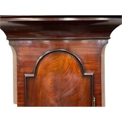 Denton & Fox of Hull – Early 19th century mahogany 8-day longcase clock c1802, pagoda pediment with an oval inlay and three ball and spire finials, break arch painted dial and hood door flanked by reeded pilasters with brass Corinthian capitals, long trunk door with conforming break arch top on a rectangular plinth raised on bracket feet, early Wilson (Birmingham) dial with Roman numerals, five minute Arabic’s and minute dots, subsidiary seconds dial and calendar aperture, with matching steel hands, floral spandrels within raised gesso work and a conforming oval depiction of a young maiden and dog to the break arch, dial pinned via a falseplate to a rack striking movement with a recoil anchor escapement striking the hours on a cast bell. With pendulum and weights.
Joseph Denton was a respected and prolific Hull clock maker working in Scale Lane Hull 1779 and Silver Street 1782-1814. Entering a short-lived partnership with Charles Fox from Beverley in 1802.
