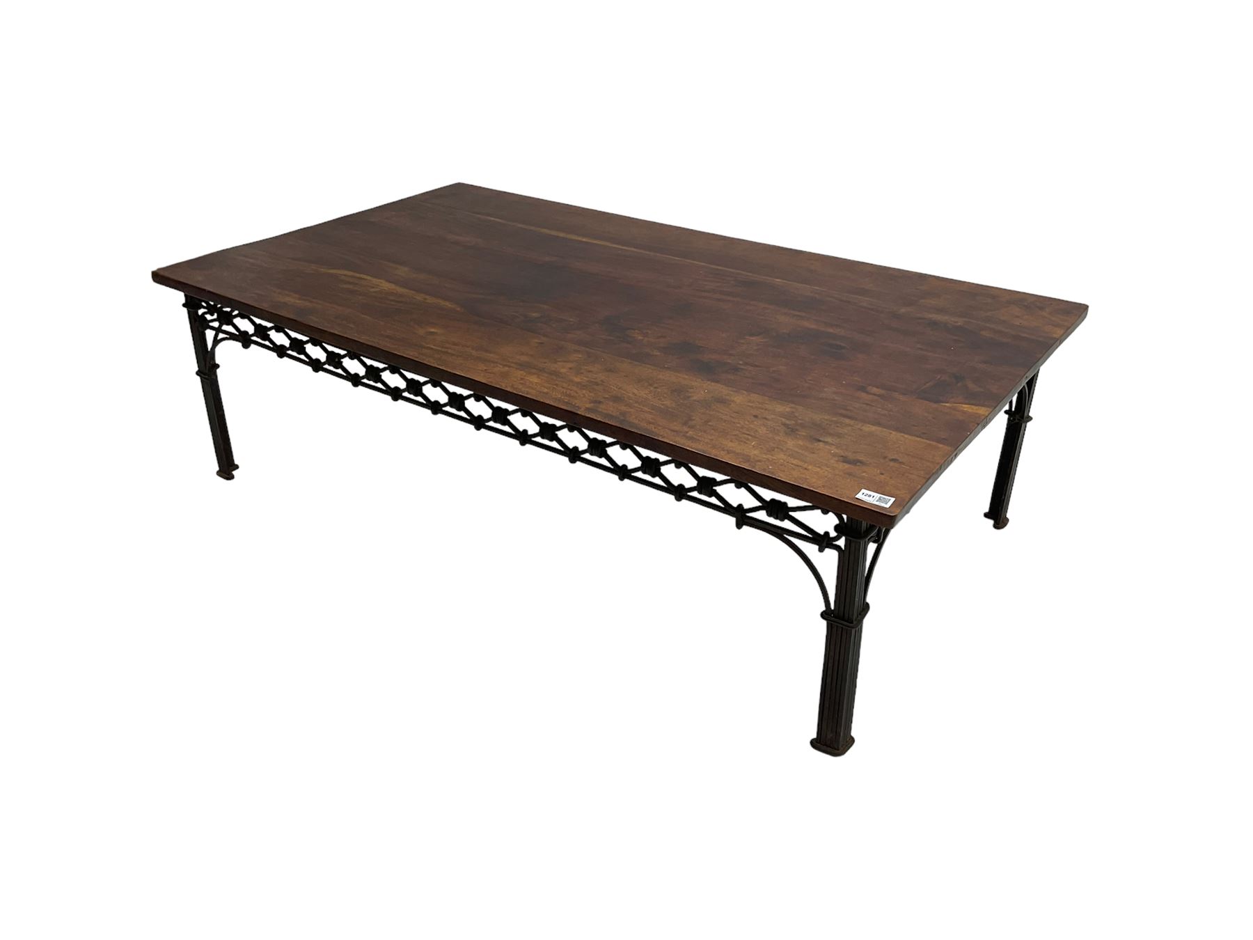 Laura Ashley - mango wood and wrought iron coffee table, the rectangular top over a pierced wrought iron frieze in repeating lozenge pattern