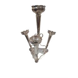 Small collection of silver comprising trophy, fruit knife, spoon, sugar tongs and silver handled hook and shoe horn, together with a silverplated epergne and other metalware