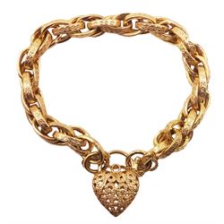 9ct gold engraved fancy link bracelet with pierced heart clasp, hallmarked 