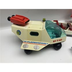 Collection of 1980s/90s Playmobil - vehicles including Fire-Engine No.21, Mobil Crane No.28, Quick Service Truck No.1 with trailer, Dumper Truck, GSL Sports car, GS Turbo car and three motorcycles; together with boxed Knights Tournament Set, Playmospace Space Station and Shuttle, wigwam and various accessories and figures etc