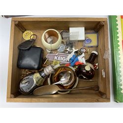 Collection of whimsy figures in a wooden display case, together with other assorted collectables, including stamps, pin badges etc