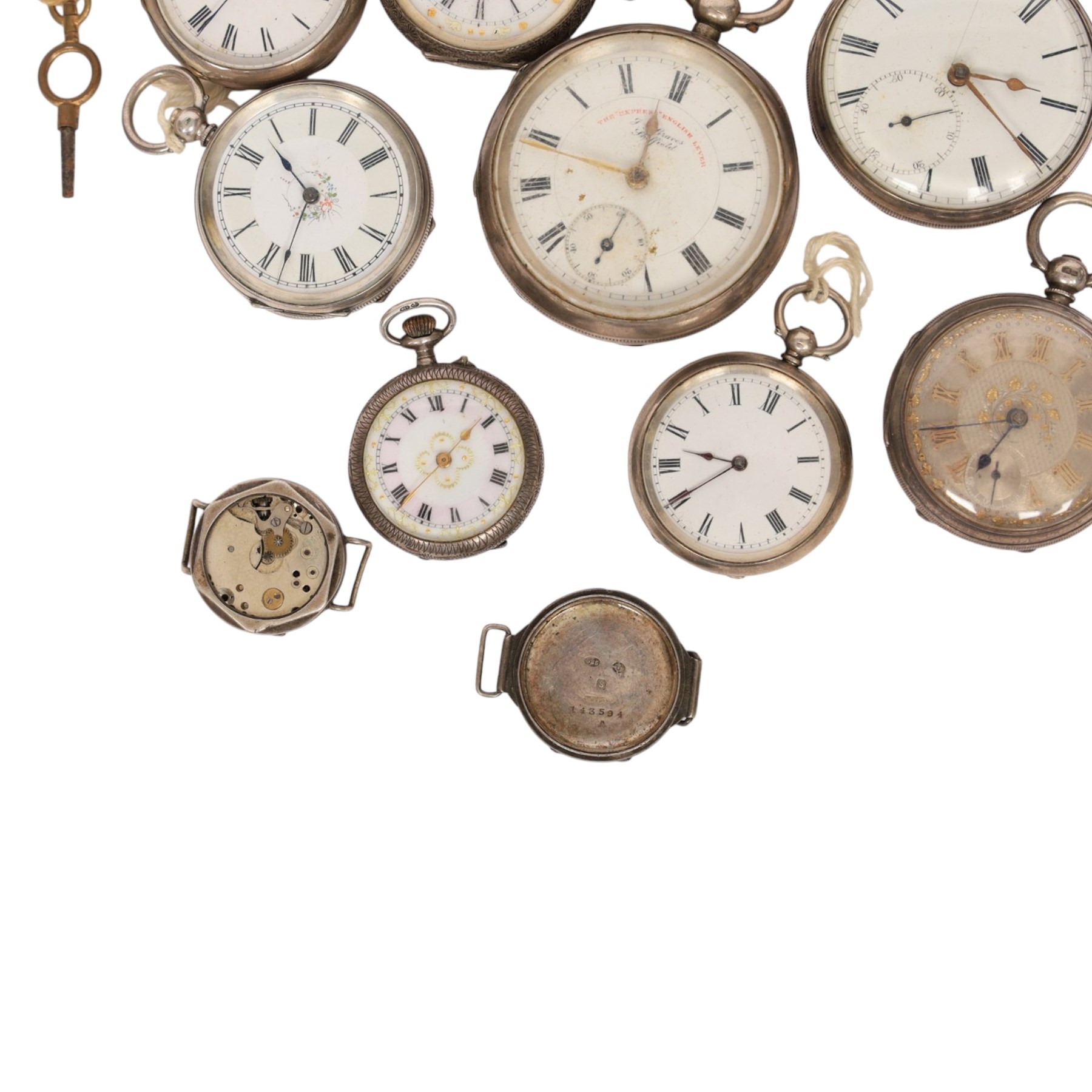 Collection of silver lever and cylinder pocket watches and wristwatches, hallmarked or stamped Fine Silver