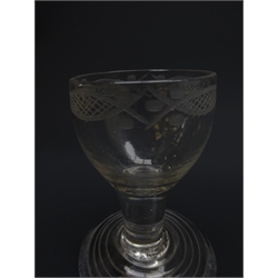  Georgian firing glass, ovoid bowl engraved with a running border above a plain stem and terraced foot, H8.5cm   