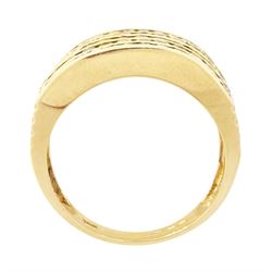 14ct sapphire and diamond half eternity ring, channel set with two rows of round brilliant cut diamonds, spaced by three rows of round cut yellow sapphires, hallmarked, total sapphire weight approx 1.45 carat, total diamond weight approx 0.30 carat