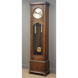  Early 20th century oak longcase clock, silvered Arabic dial, triple weight driven movement, chiming the hours and quarters on rods, H184cm  