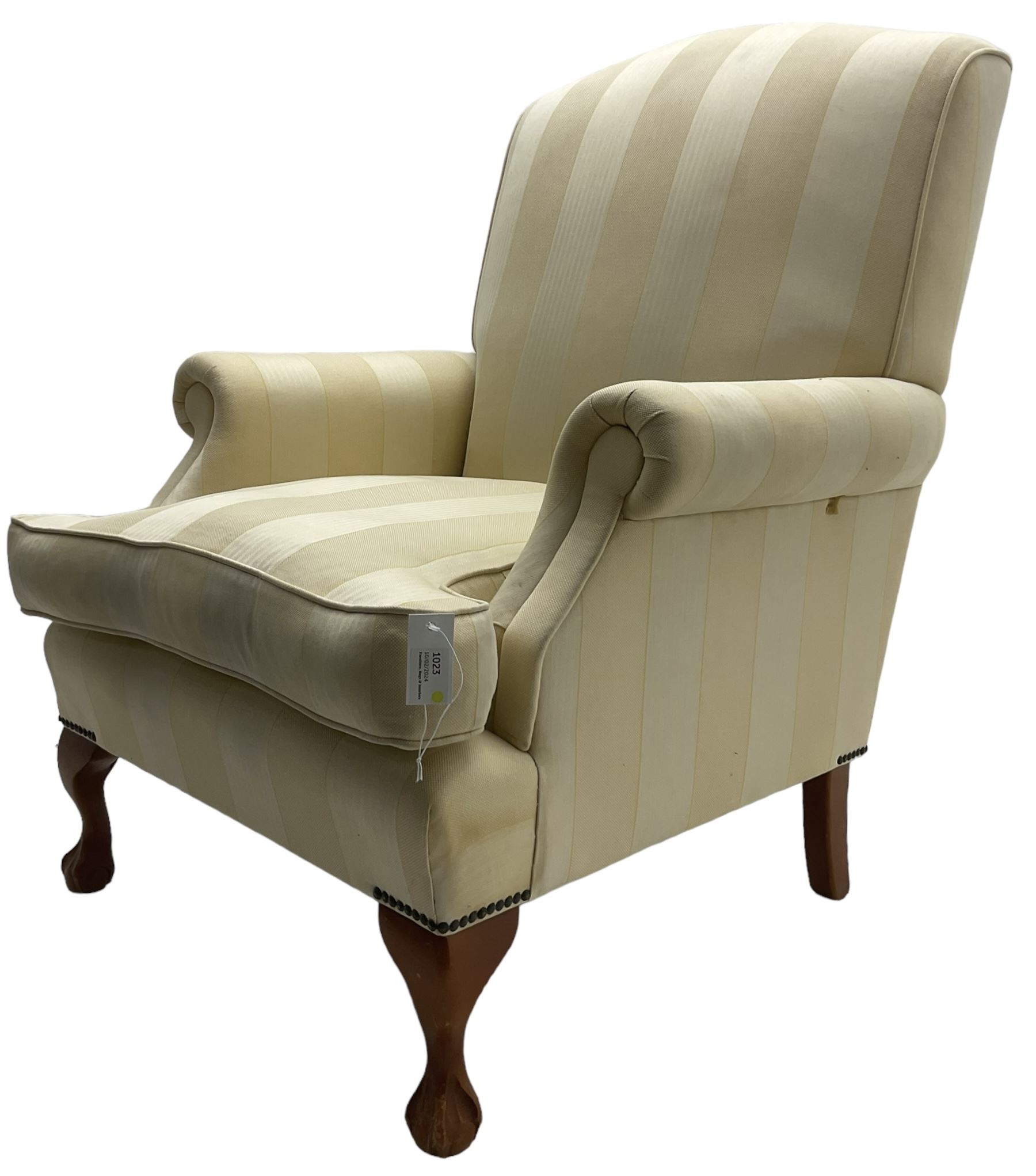Wesley-Barrell - Georgian design traditional shaped armchair with rolled arms, sprung back and loose seat cushion upholstered in beige striped fabric with gold piping, raised on cabriole supports with ball and claw feet