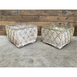 Pair of weathered cast stone square planters, daisy chain detail, one stamped