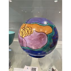 Clarice Cliff Bizarre for Newport Pottery Inspiration Tresco pattern vase, the body of shape 370 globe form painted in yellow, orange, pink, purple, green and blue with stylised island and sea related motifs such as scales and seaweed, with painted and impressed marks beneath, H15cm