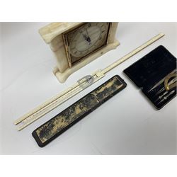 Cased drawing set, together with a cased A W Faber slide rule and Tempora green onyx battery timepiece