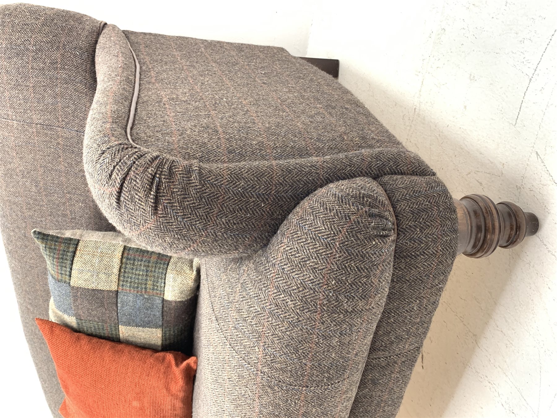 Tetrad traditional shaped three seat sofa upholstered in Harris Tweed fabric, turned front