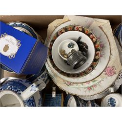 Collection of ceramics and glassware, including Booths Real Old Willow tea wares, vases, plates etc in three boxes  