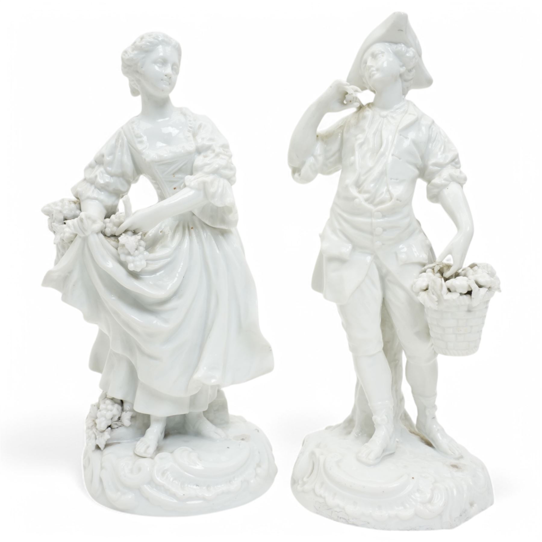 Pair of 19th century Berlin blanc de chine figures of flower sellers on circular bases H25cm and a figure group of mother and child (3)
