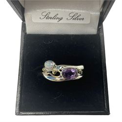 Silver and 14ct gold wire oval amethyst and opal ring, stamped 925 
