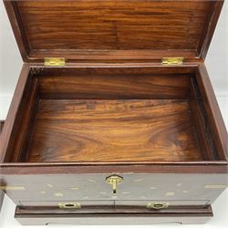 Eastern brass inlaid hardwood chest, with inset bass handles the hinged lid opening to reveal and removable tray, H34cm