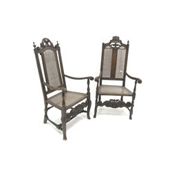 Two mahogany framed Carolean style armchairs, heavily carved and pierced cresting rail, canework splat and seat, carved supports 