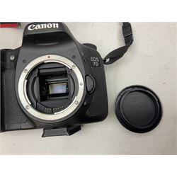 Canon Eos 7D camera body, serial number 3261306344, with 'Canon Ultrasonic EF 24-105mm Macro 0.45m/1.5ft Ultrasonic' Lens, 'Canon Zoom EF 75-300, 1;4-5.6 III' lens and Teleplus Pro 300 lens, together with tripod and original camera box 