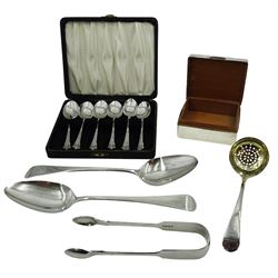 Early 20th century silver matched set of six Albany pattern teaspoons, hallmarked H V Pithey & Co, Birmingham 1907 and 1909, and Maxfield & Sons Ltd, Sheffield 1909, contained within a fitted case, together with two Georgian silver Old English pattern tablespoons, with engraved monogram to terminals, hallmarked Robert Rutland, London 1811, and London 1796, maker's mark W.S, pair of Victorian silver sugar tongs, late Victorian silver sifting spoon, late Victorian silver knife, and small silver mounted cigarette box, hallmarks worn and indistinct, approximate total weighable silver 9.51 ozt (296 grams)