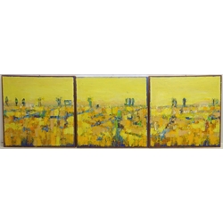 Dania Picchi (Italian 1961-): 'Yellow Landscape', triptych of oils on canvas one signed, another titled in Italian, signed and dated 2002 verso 50cm x 50cm (3)