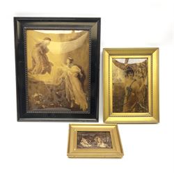 Three framed crystoleums, the largest in ebonised frame depicting religious scene, overall H46.5cm L38cm, the second example depicting a female figure before a blossoming tree, and the smallest example depicting figures in a woodland setting, stamped F Hanfstaengl.
