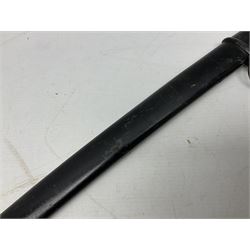 WW2 Japanese Army NCOs sword - katana, the 69.5cm slightly curving fullered blade numbered 14656; arsenal markings stamped near the habaki on the handle; brass tsuba and black painted metal hilt cast to simulate cord bound fish skin; in black painted steel scabbard with single suspension ring L96cm overall