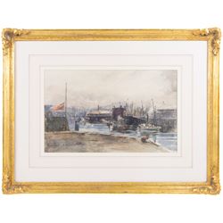 Mary Tait (British exh.1880-1882): Busy Quayside Port scene, watercolour signed and indistinctly titled 23cm x 37cm
