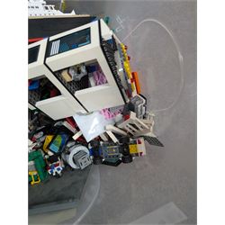 Two boxes of partially built Lego vehicles, including Lego Technics Dumper Truck no. 8264, Titanic, container ships, police boat, smaller police vehicles, etc