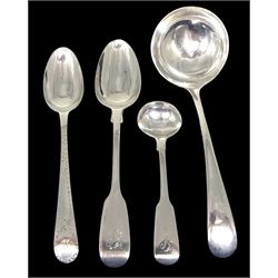 Group of silver spoons, comprising three Victorian Fiddle pattern teaspoons, hallmarked Henry Holland, London 1853, pair of George IV Fiddle pattern salt spoons, hallmarked George Ferris, Exeter 1826, pair of mid 20th century sauce ladles, hallmarked Cooper Brothers & Sons Ltd, Sheffield 1964, and five Georgian Old English pattern teaspoons with bright cut engraving, approximate total silver weight 6.94 ozt (216 grams)