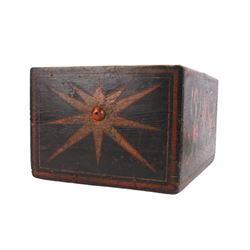 20th century folk art chest, of rectangular form, the front and back painted with dancing figures and stars in polychrome, the sides with conforming stars, upon a black painted ground, with removable leather upholstered top, H30cm W46cm D35cm