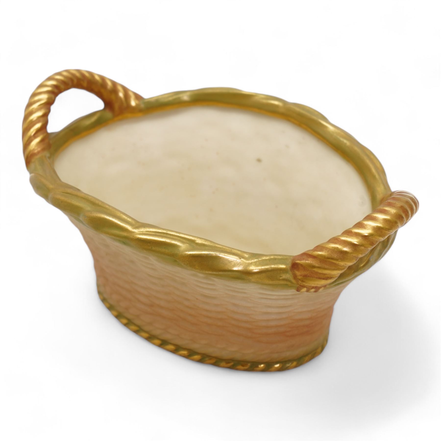 Royal Worcester porcelain including a blush ivory twin-handled basket, shape no. 2365, L13.5cm, blush ivory jug, of tapering form, shape no. 1047, pierced bowl, 1930s small barrel form jug, hand painted with a Redstart, signed, blush ivory flatback jug, twin handled vase, together with a Worcester style miniature part tea set, unmarked 