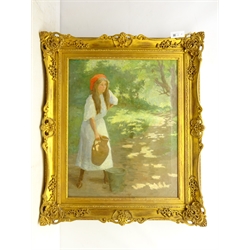  English School (Early 20th century): Girl in Woodland setting collecting Water, oil on canvas unsigned, the reverse inscribed Howey 75cm x 60cm  