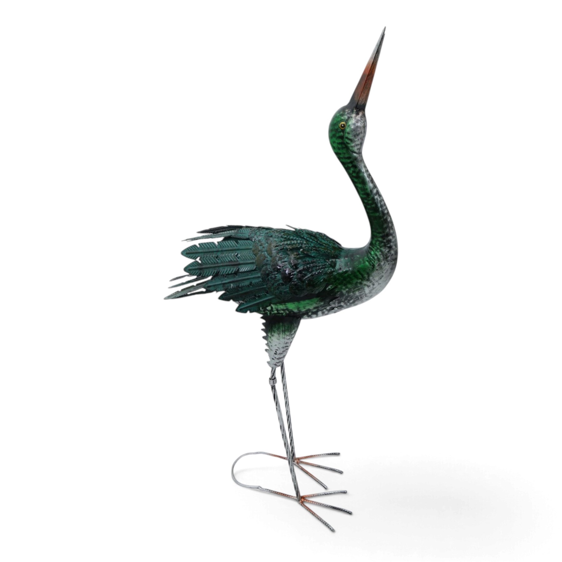 Pair of metal herons, in green and silver tones, with heads raised, H94cm