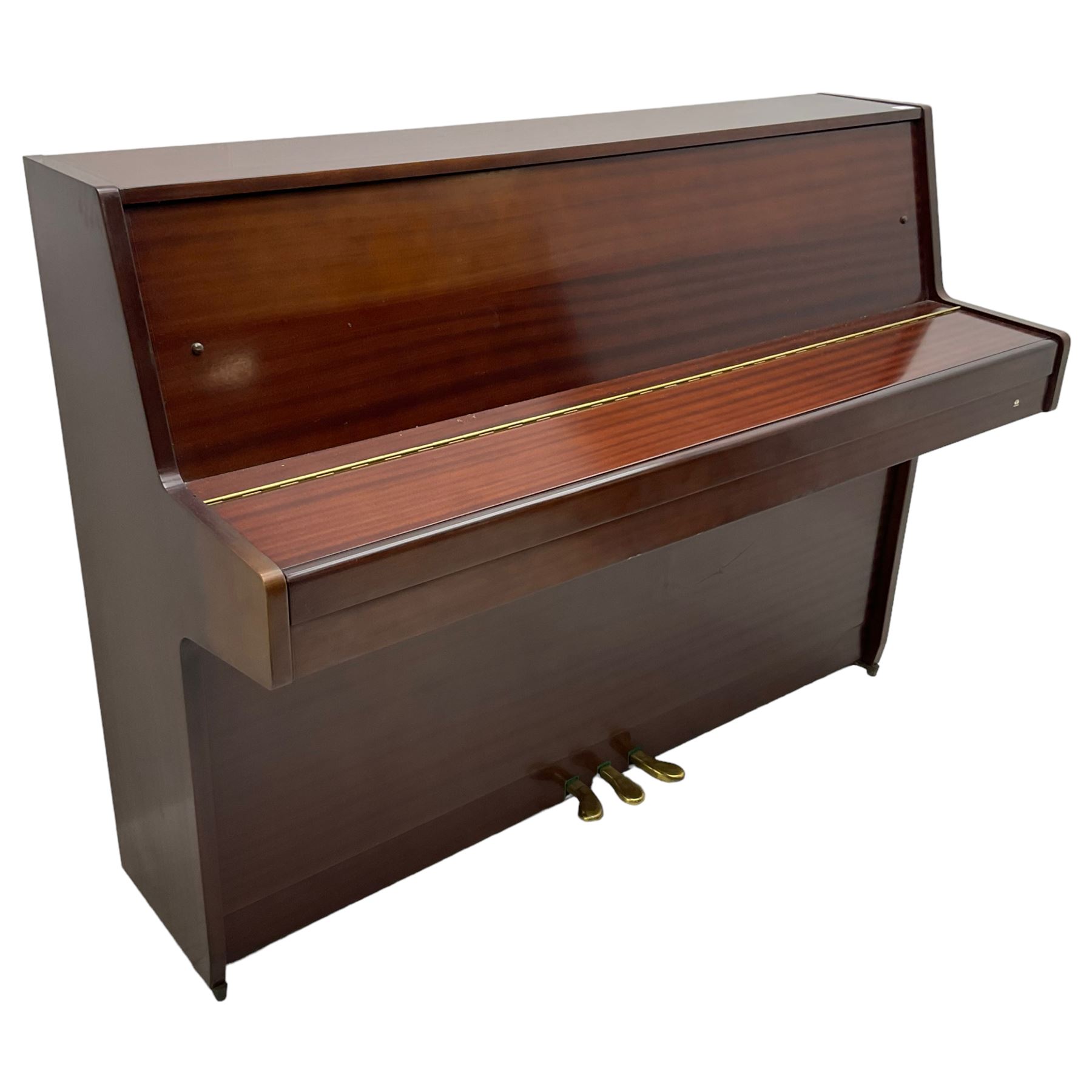 Offenbach - mid-20th century Sapele Mahogany cased upright piano, overstrung iron movement, with stool