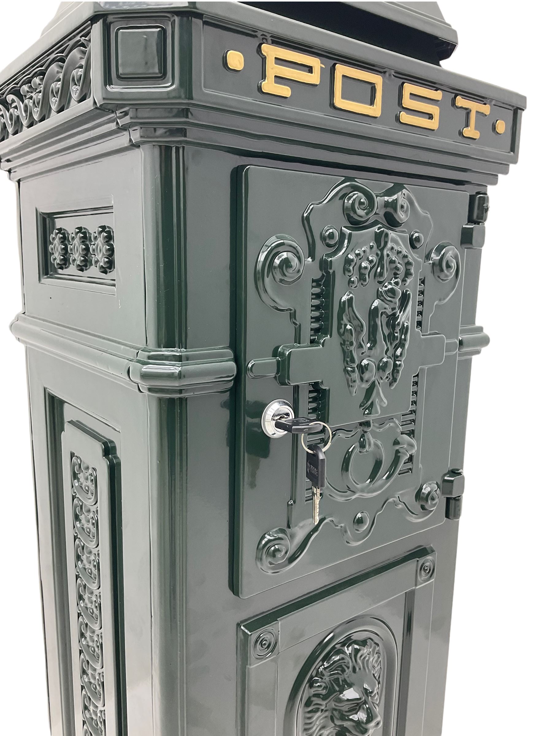 Victorian style cast aluminium green painted post / mail box, with keys
