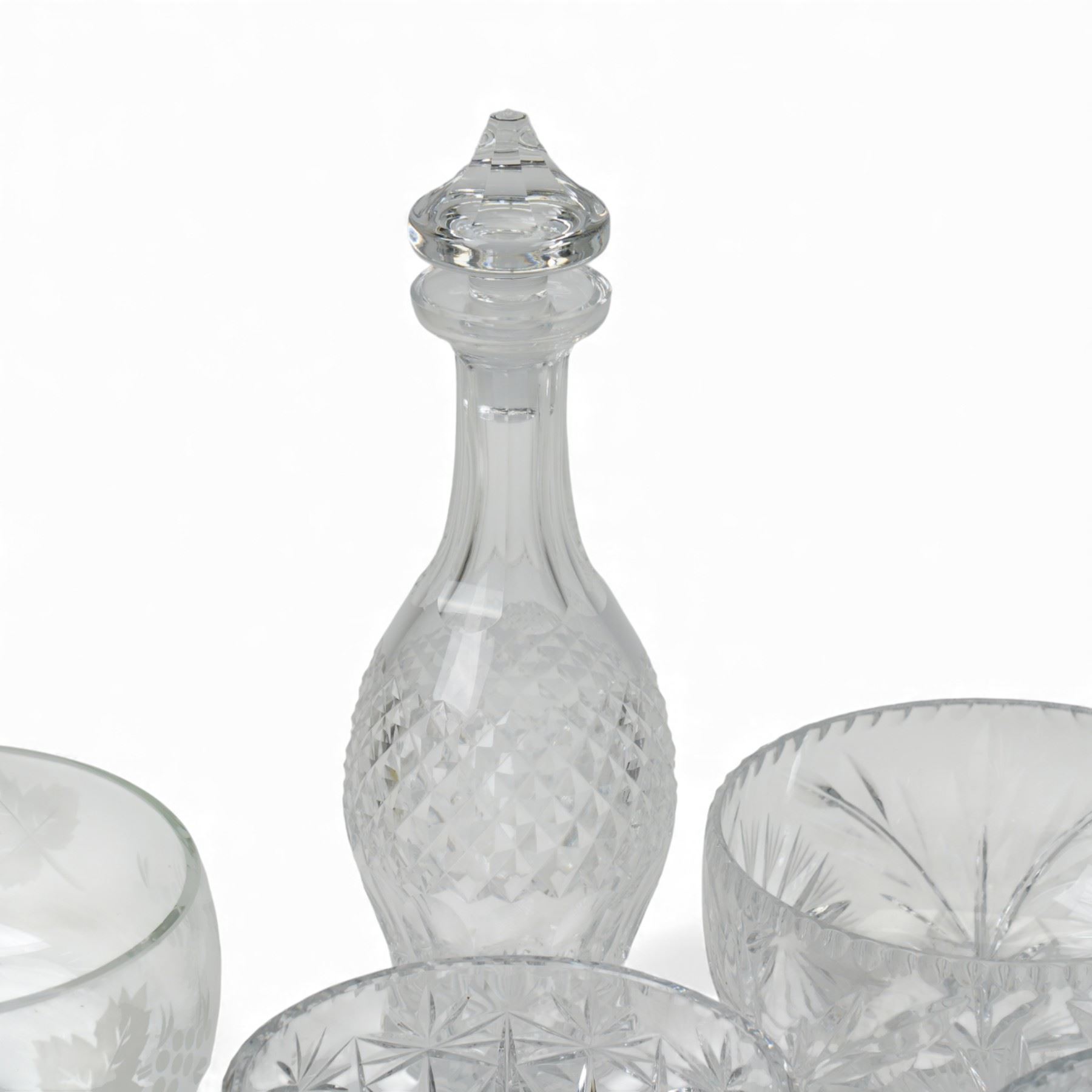 Waterford Crystal 'Colleen' pattern cut glass decanter, H34cm; together with other crystal wares including Stuart and Edinburgh examples, many unmarked