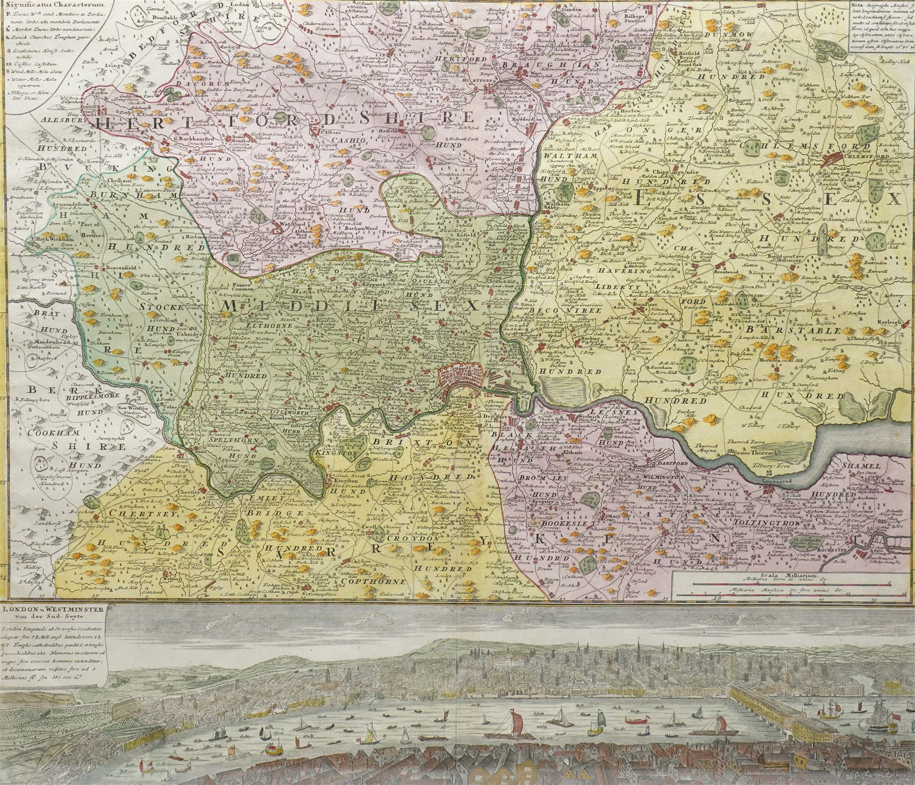 Homann Heirs (German Est.1702): London & Environs - 'Regionis quae est circa Londinum...', 18th century engraved map with hand-colouring and  bird's-eye prospect view of London and the Thames to bottom pub. c.1741, with margins, 53cm x 62cm