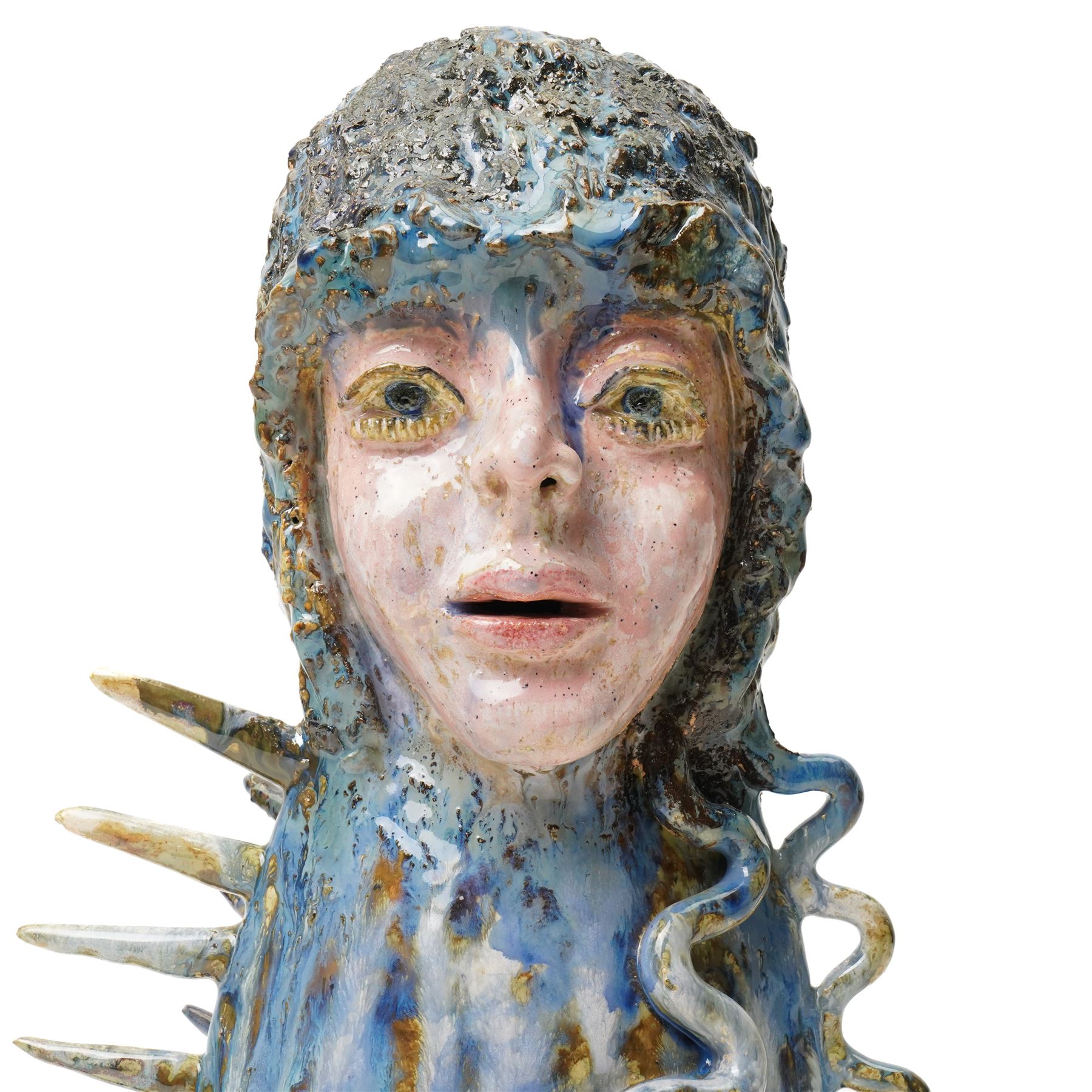 Galea Belinscaia (Yorkshire Contemporary): 'The Mermaid', two faced blue and green glazed figurative sculpture, H42cm 
Notes: Awarded second prize in the 2019 Bradford Open exhibition and Art Competition judged by John Loker and Caroline Douglas. The sculpture was complimented for its tremendous presence, with the judges noting that Belinscaia's work is 'witty, inventive and wonderfully dynamic.'