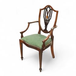 Hepplewhite design mahogany set of ten dining chairs, two carvers and eight dining chairs, with inlaid oval medallion to the vase splat, green upholstered drop-in seats, on square section tapering supports with spade feet, including two carvers