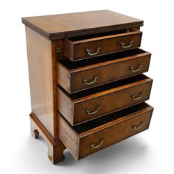 Reprodux - Georgian design figured and burr walnut bachelors chest, rectangular hinged-fold over top with reeded edge supported by stays, over four long graduating cock-beaded drawers, lower moulded edge on bracket feet