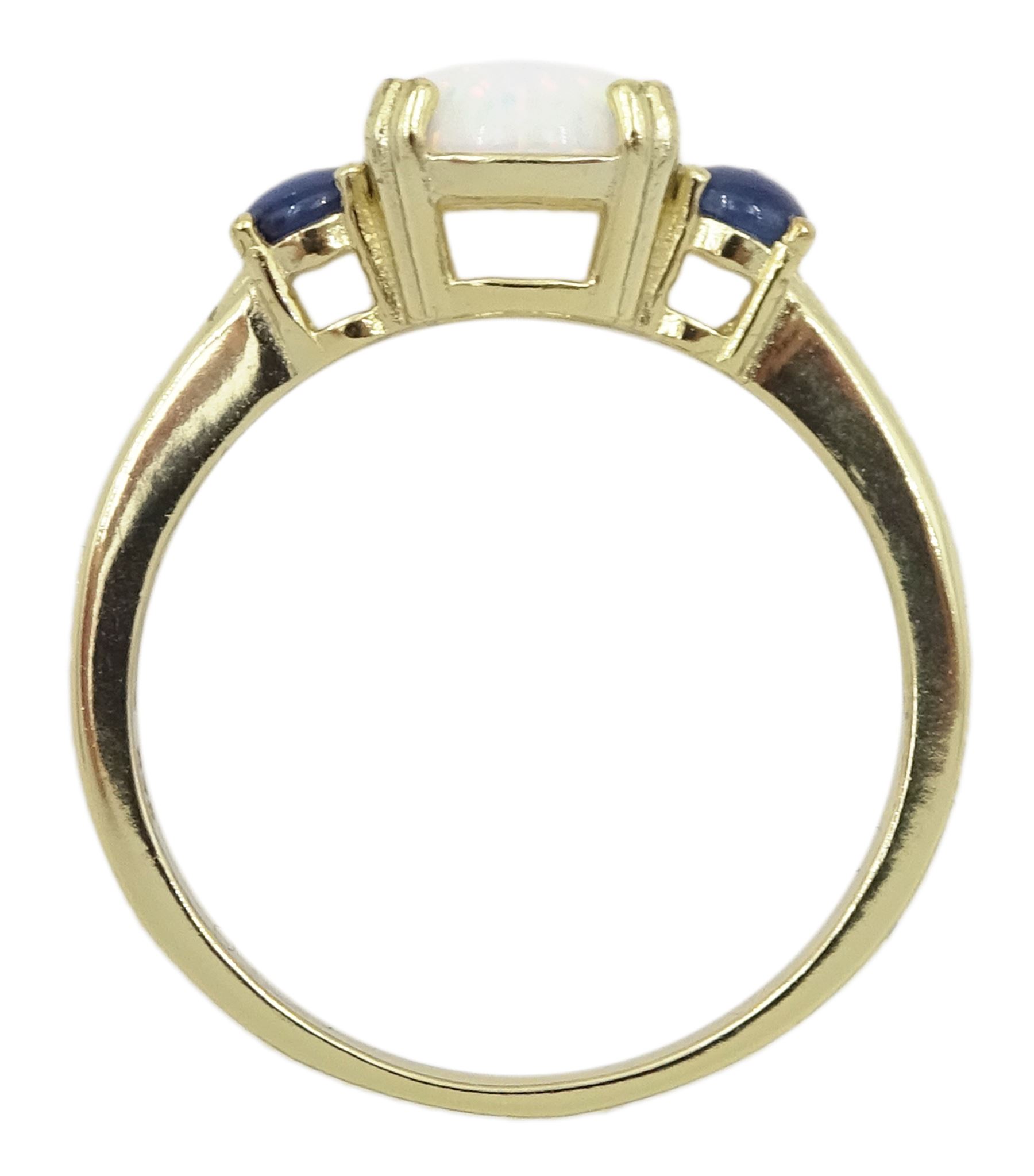 Silver-gilt three stone opal and sapphire ring, stamped 925
