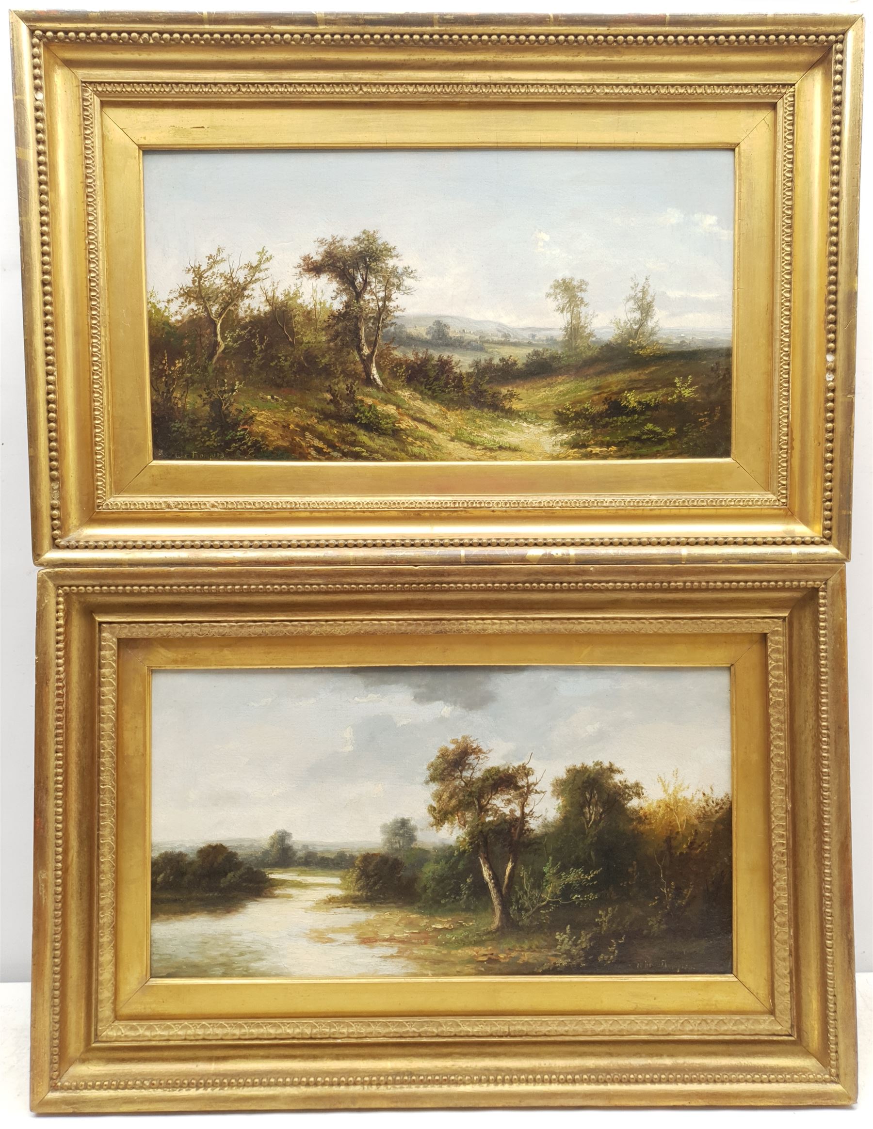John Thompson (British exh.1892-1933): River and Valley Landscape, pair oils on canvas signed 23cm x 44cm (2)