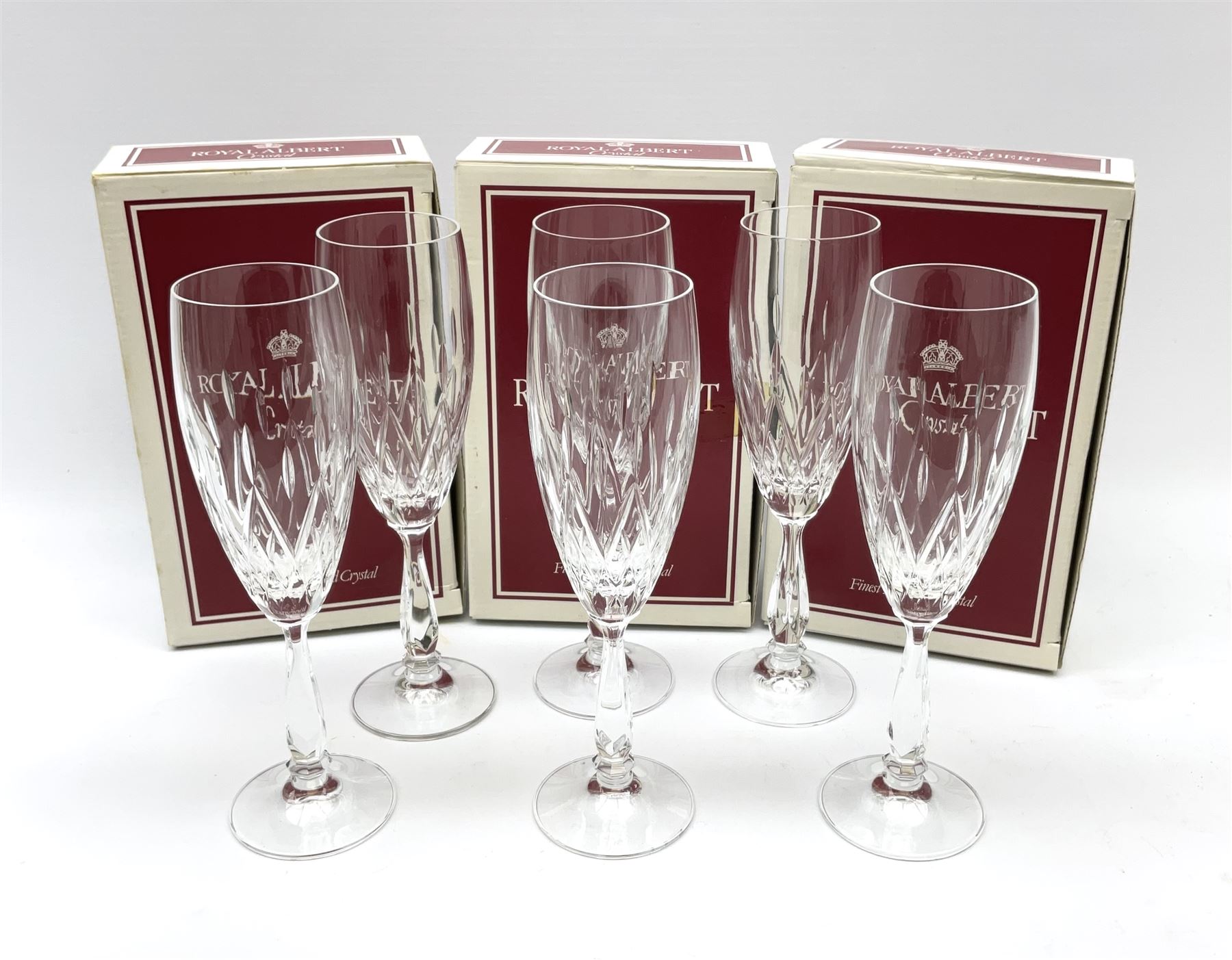 A boxed set of six Royal Albert Crystal Countess champagne flutes. 