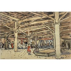 Douglas Fox Pitt (British 1864-1922): Figures under Brighton Pier, watercolour and charcoal signed 23cm x 35cm