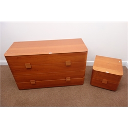  Curved teak chest, four drawers (W126cm, H74cm, D52cm) and matching bedside chest, two drawers   