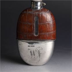 Edwardian hip flask, the glass body with leather cover,  removable silver cup and silver cap, the cup engraved with monogram, hallmarked Robert Pringle & Sons, Sheffield 1901, H15cm