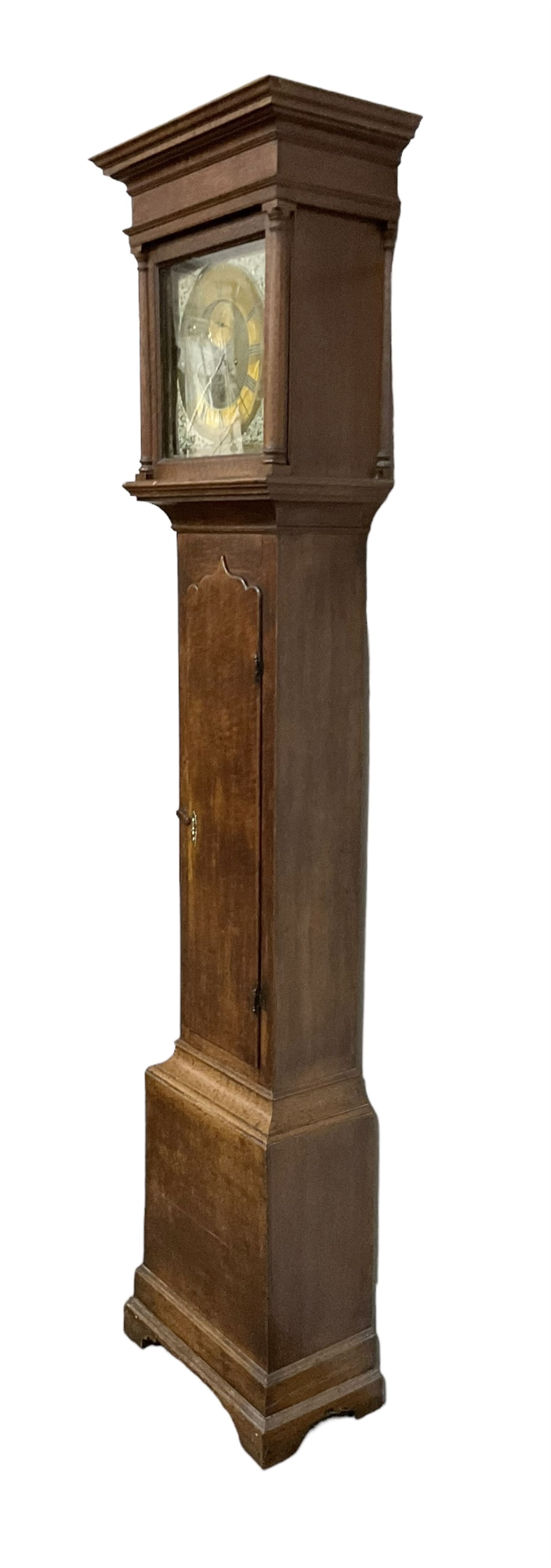John Agar of York - late 18th century oak eight day longcase clock, with a flat topped pediment and broad frieze beneath, square hood door with attached pilasters, long rectangular trunk with a wavy topped door on a long plinth with a stepped base, brass dial with a matted centre and cast spandrels, chapter ring with makers name, Roman numerals and five minute Arabics, sunken seconds dial, square date aperture and
original matching steel hands, dial pinned directly to an eight day rack striking movement, striking the hours on a bell. With weights and pendulum.
John Agar (1) was a highly prolific York clockmaker during the 18th and early 19th century producing many fine longcase and bracket clocks from his workshop in Castlegate York. 