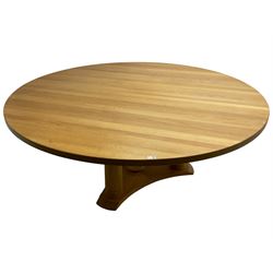 Chris Berry for Berrydesign - contemporary bespoke solid light oak dining table, circular top over ring turned triple pedestal with triform base
